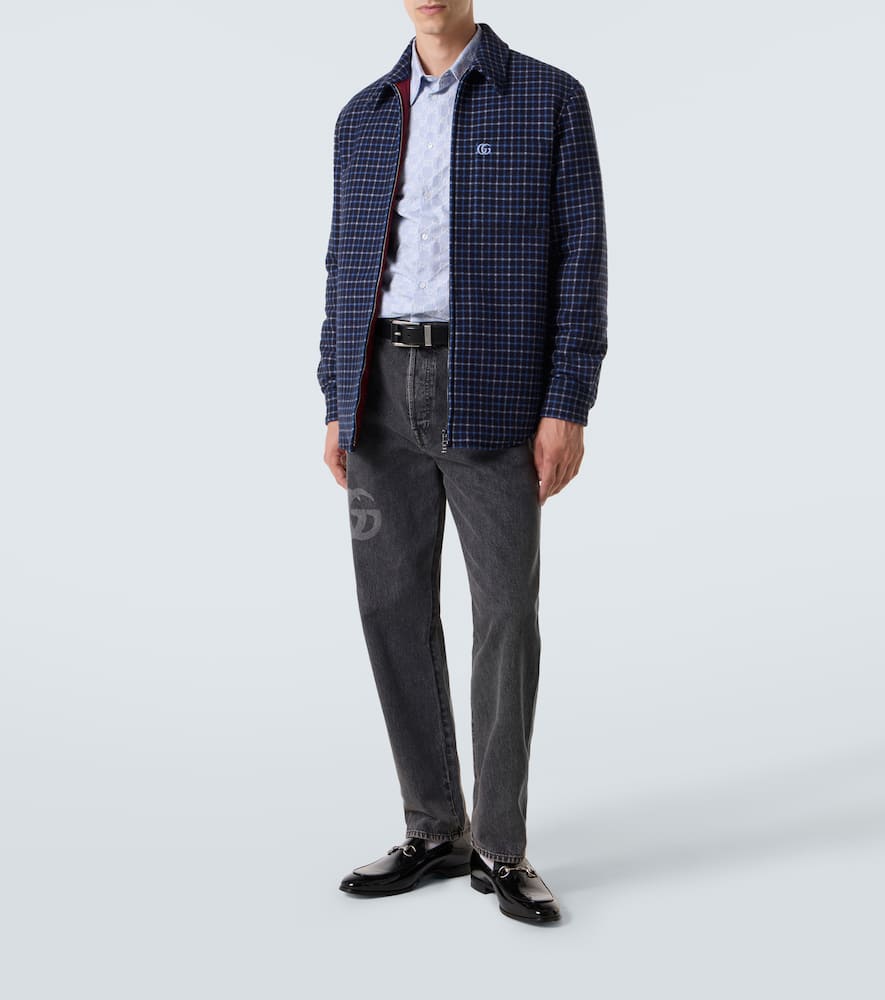 Gucci Double G Checked Wool-blend Overshirt In Blue
