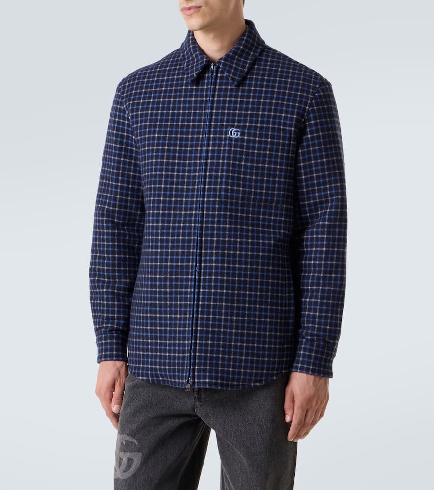Gucci Double G Checked Wool-blend Overshirt In Blue