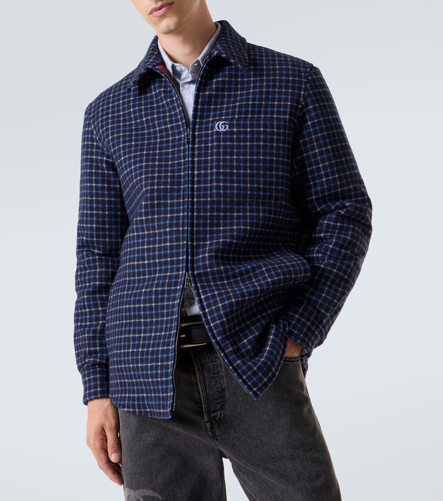 Gucci Double G Checked Wool-blend Overshirt In Blue