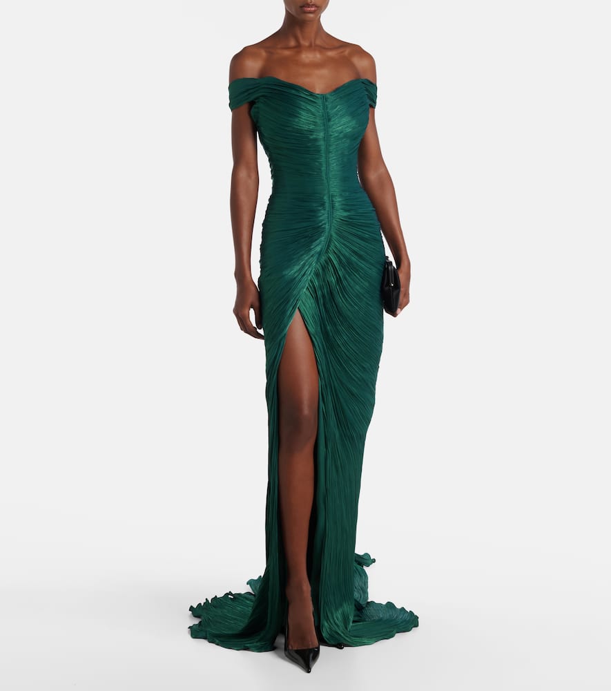 Marmar Halim Ruched Off-shoulder Bustier Gown In Green
