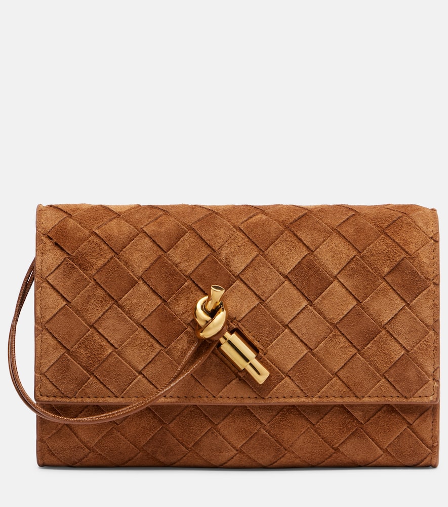 Bottega Veneta Andiamo Intrecciato Mini Suede Crossbody Bag In Gold