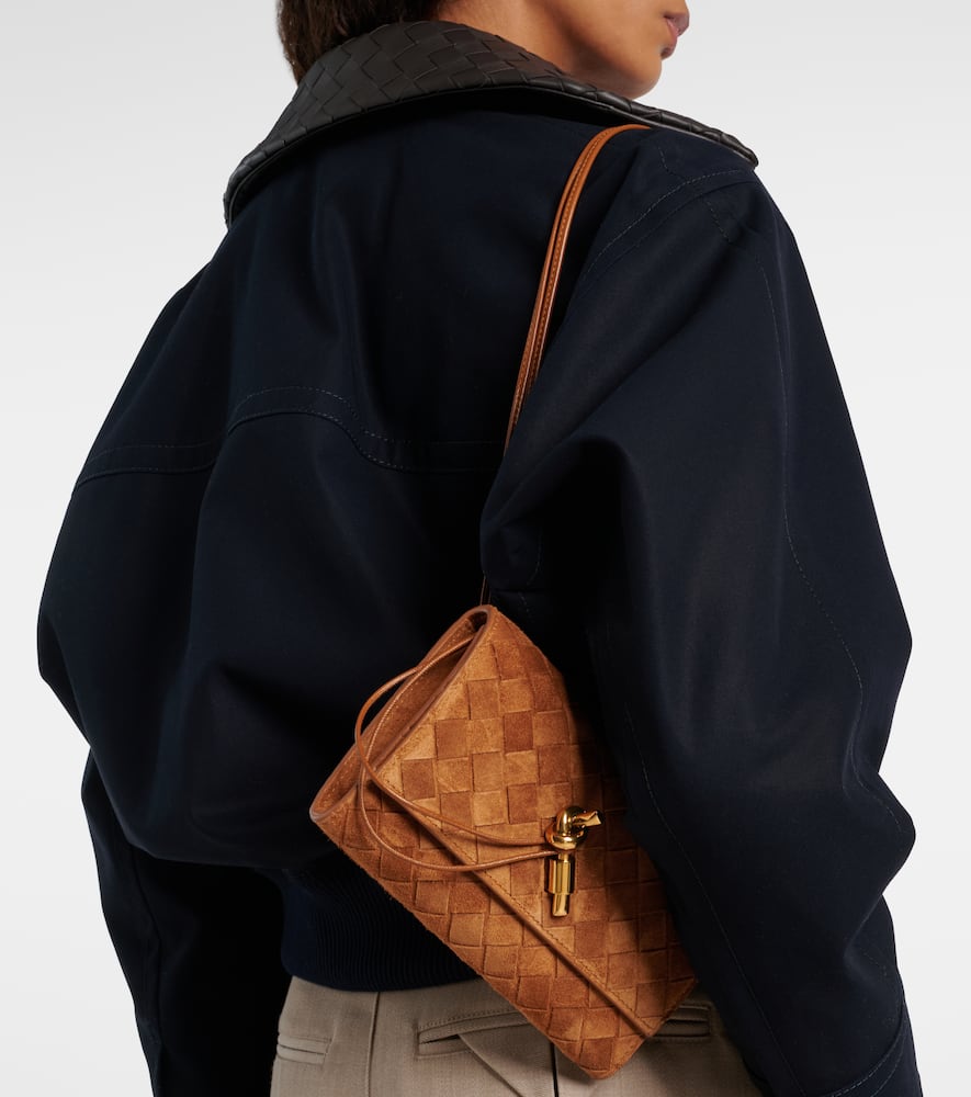 Bottega Veneta Andiamo Intrecciato Mini Suede Crossbody Bag In Gold