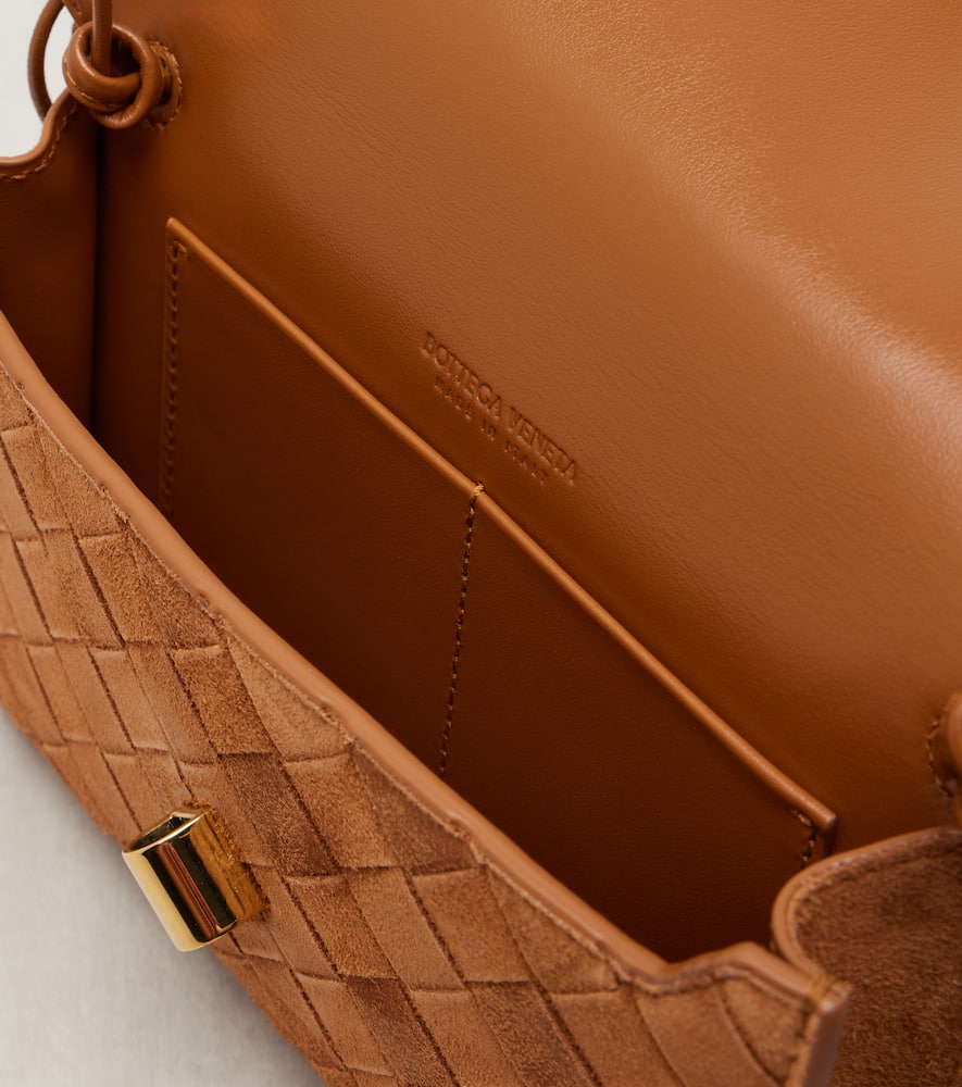 Bottega Veneta Andiamo Intrecciato Mini Suede Crossbody Bag In Gold