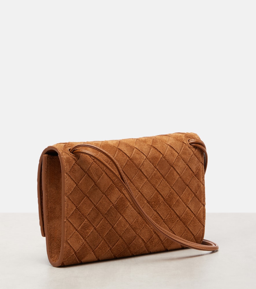 Bottega Veneta Andiamo Intrecciato Mini Suede Crossbody Bag In Gold