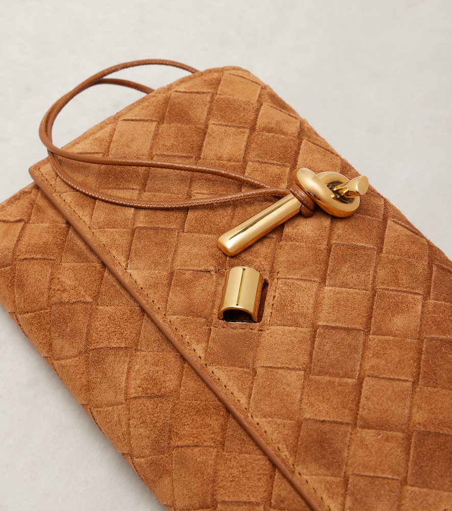 Bottega Veneta Andiamo Intrecciato Mini Suede Crossbody Bag In Gold