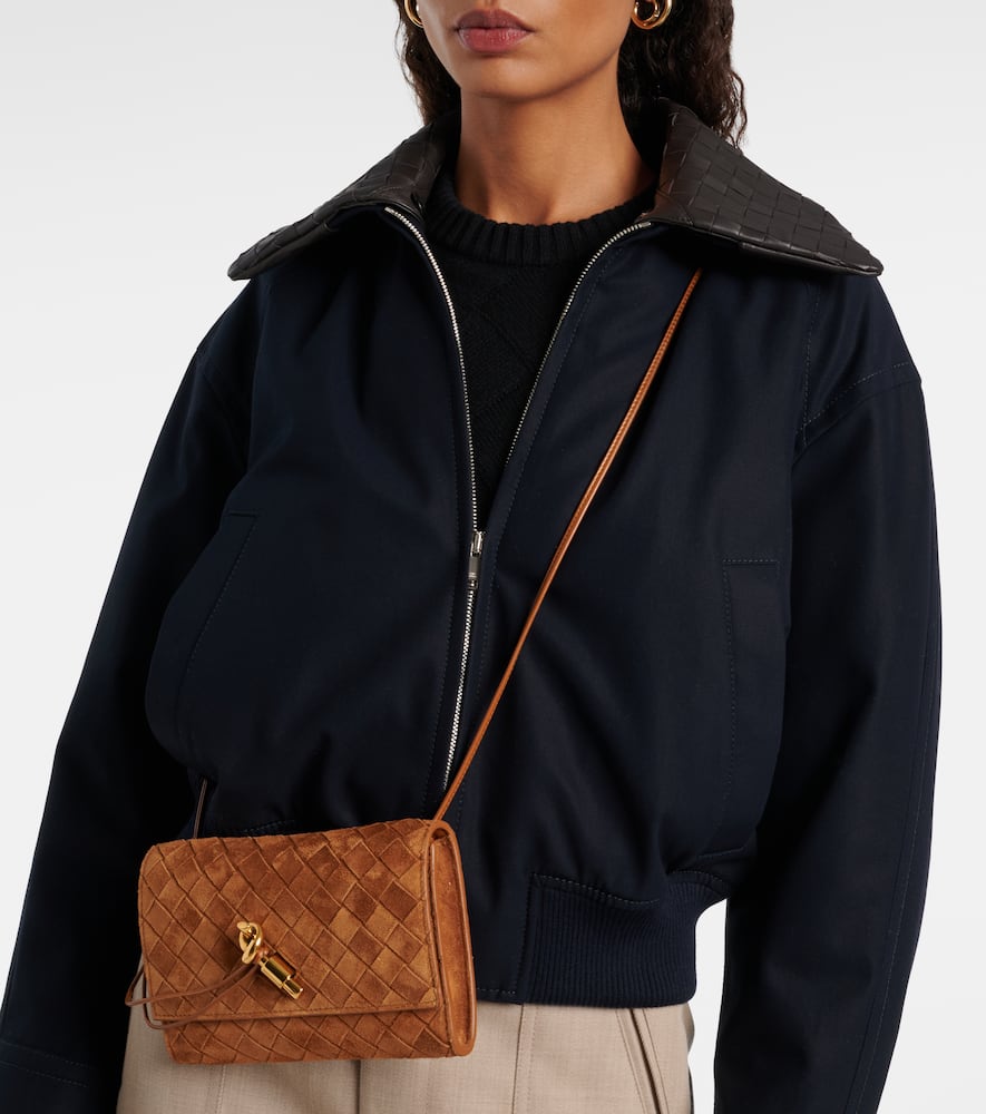 Bottega Veneta Andiamo Intrecciato Mini Suede Crossbody Bag In Gold