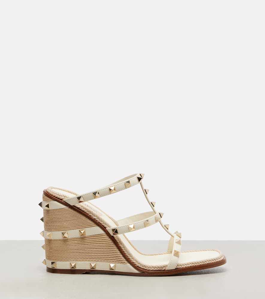 Valentino Rockstud 100 Leather Espadrille Wedges In White