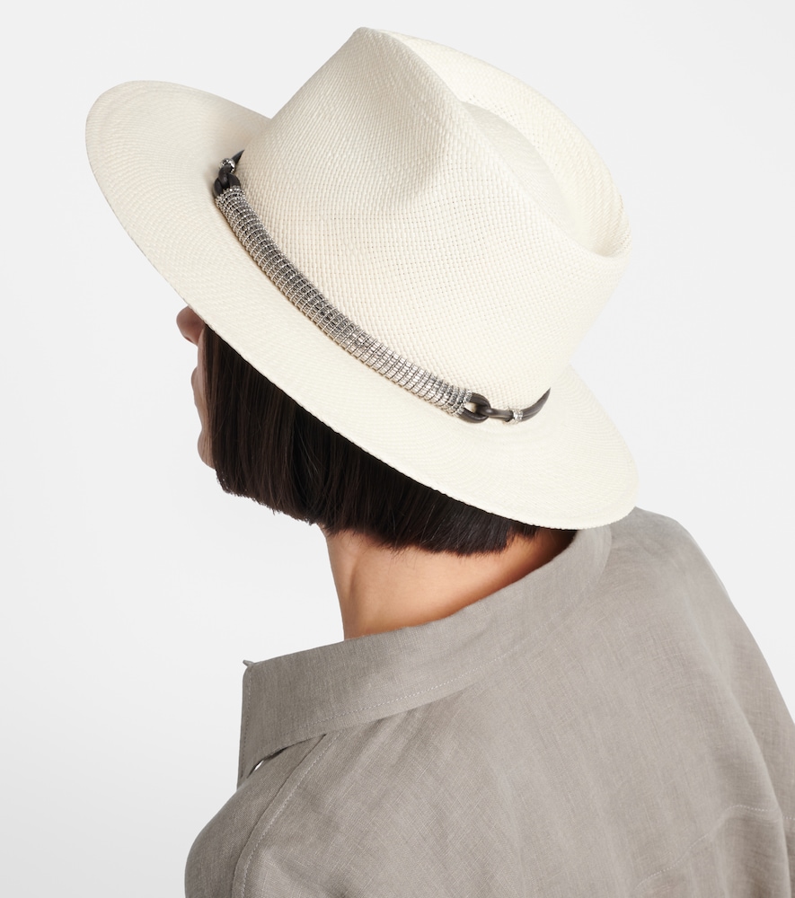  Brunello Cucinelli Brunello Cucinelli Leather-trimmed Straw Fedora Hat 