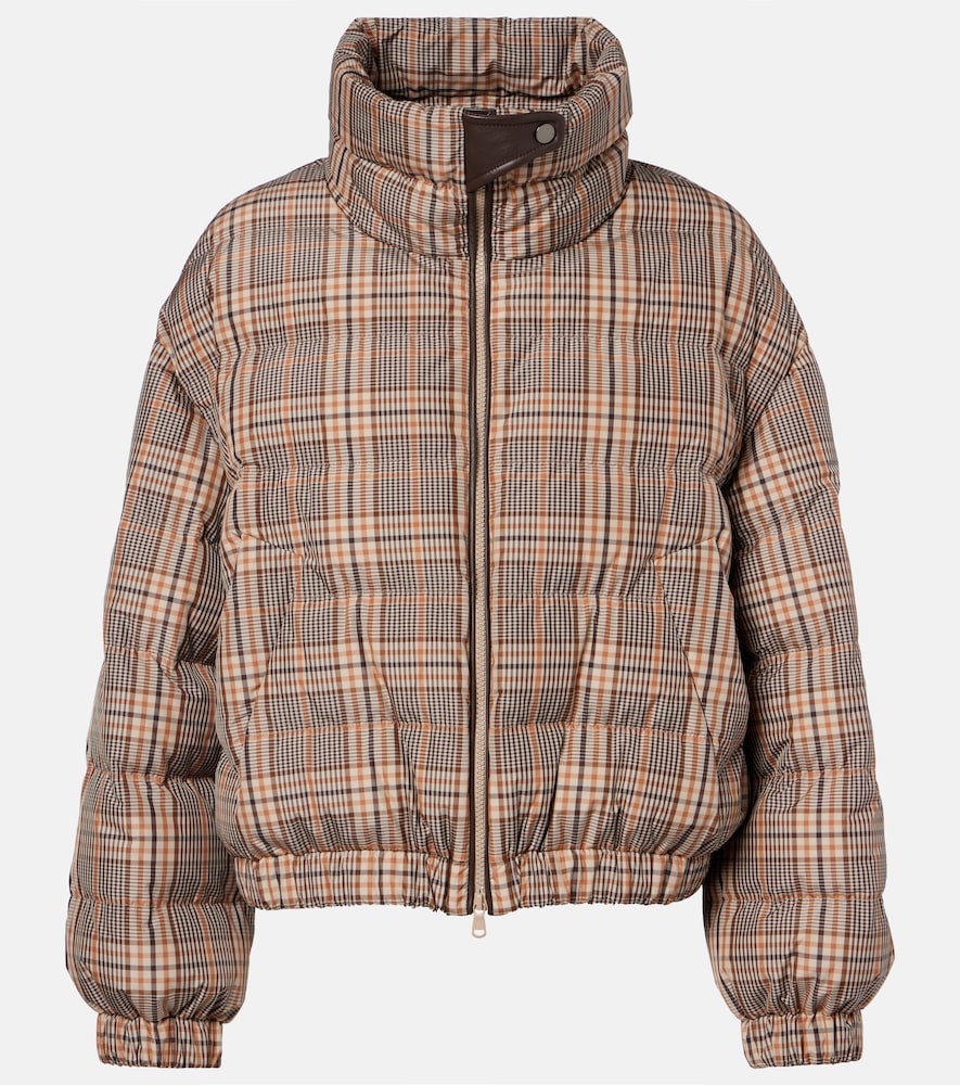 Checked Leather-Trimmed Down Jacket