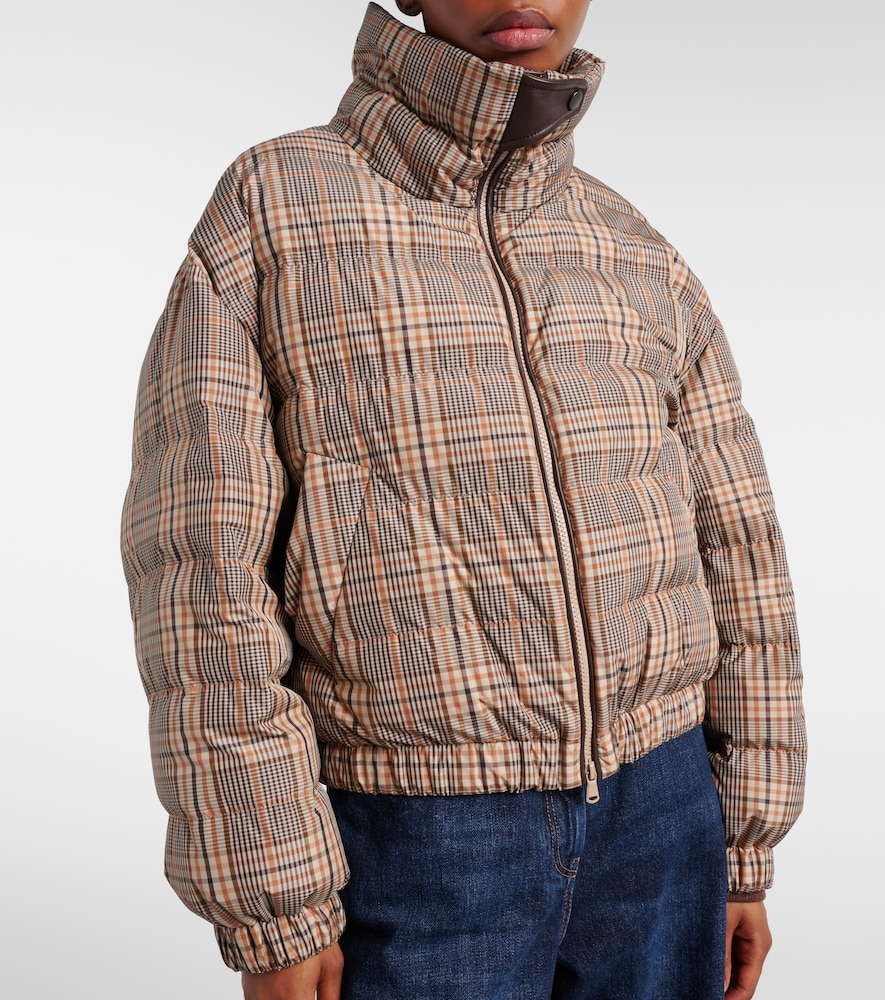 Checked Leather-Trimmed Down Jacket