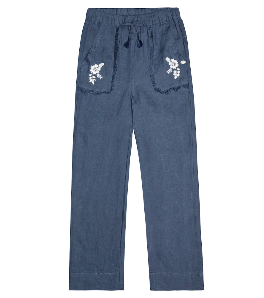 Shop Tartine Et Chocolat Embroidered Linen Pants In Indigo