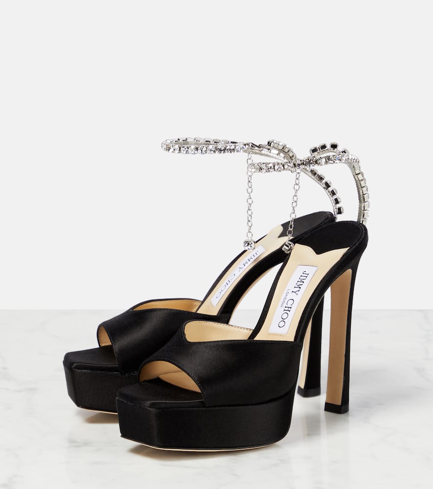 Shop Jimmy Choo Saeda 125 Embellished Satin Platform Sandals In Black