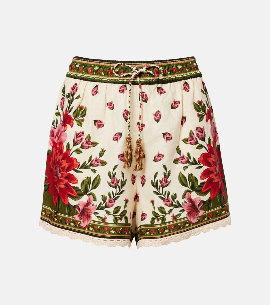 Farm Rio Women's Multicoloured Wonder Rio Crochet-Trimmed Linen-Blend Shorts Uk Size 20
