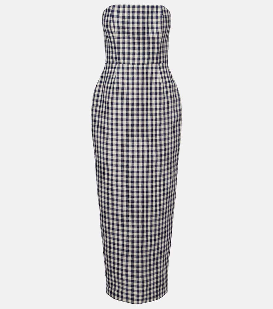 Posse Romeo Gingham Strapless Linen Maxi Dress In Blue