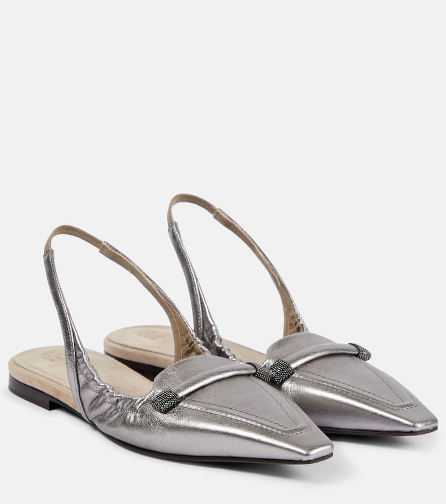 Shop Brunello Cucinelli Metallic Leather Slingback Flats In Silber