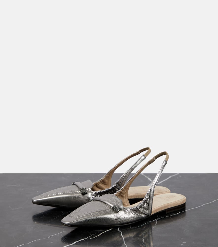 Shop Brunello Cucinelli Metallic Leather Slingback Flats In Silber