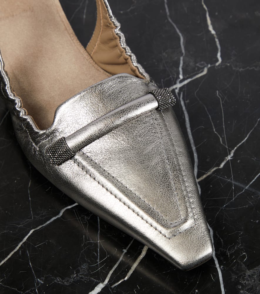 Shop Brunello Cucinelli Metallic Leather Slingback Flats In Silber