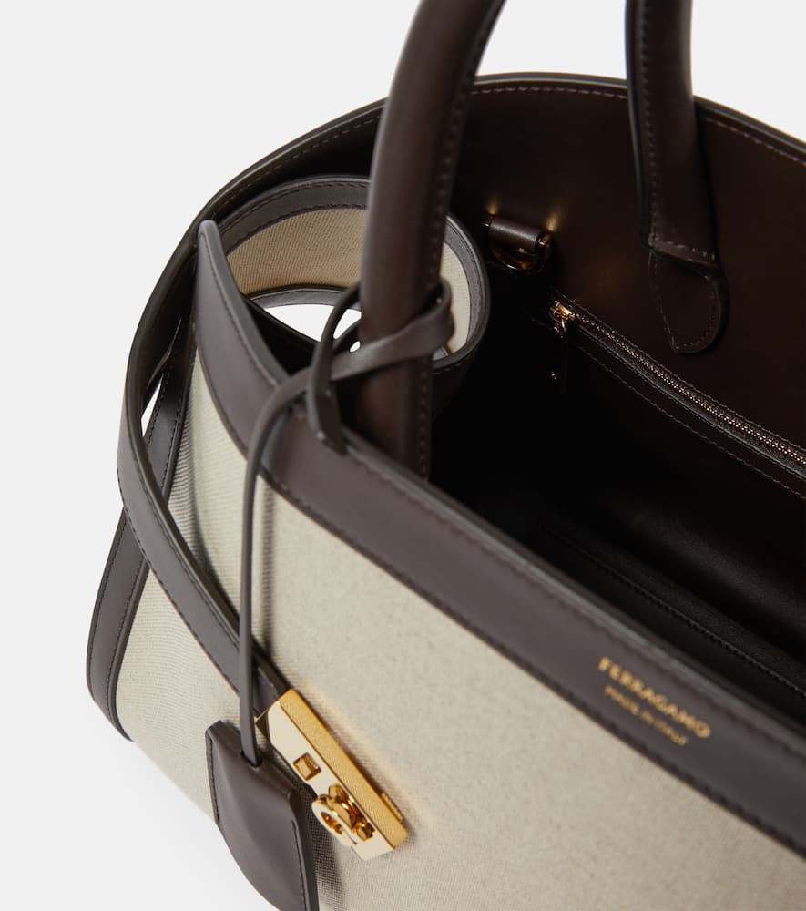 Ferragamo Hug Medium Canvas And Leather Tote Bag In Neutrals