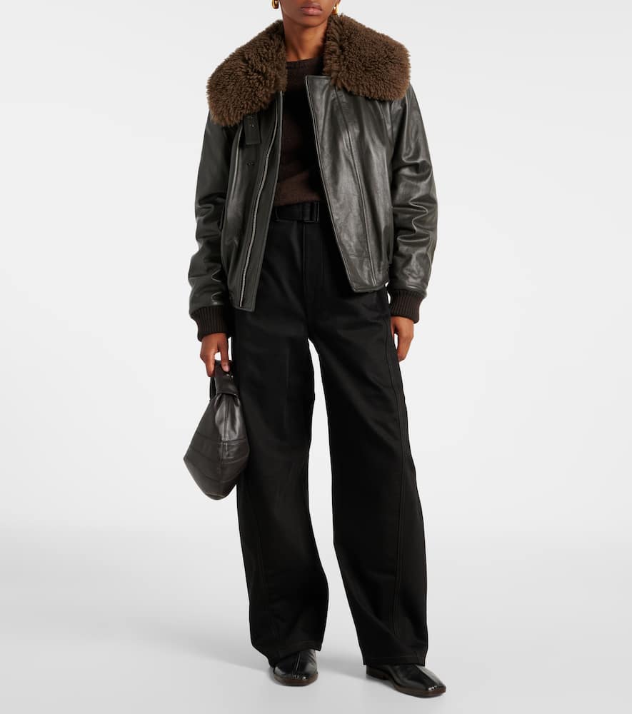 Lemaire Leather Blouson With Shearling Collar In Brown