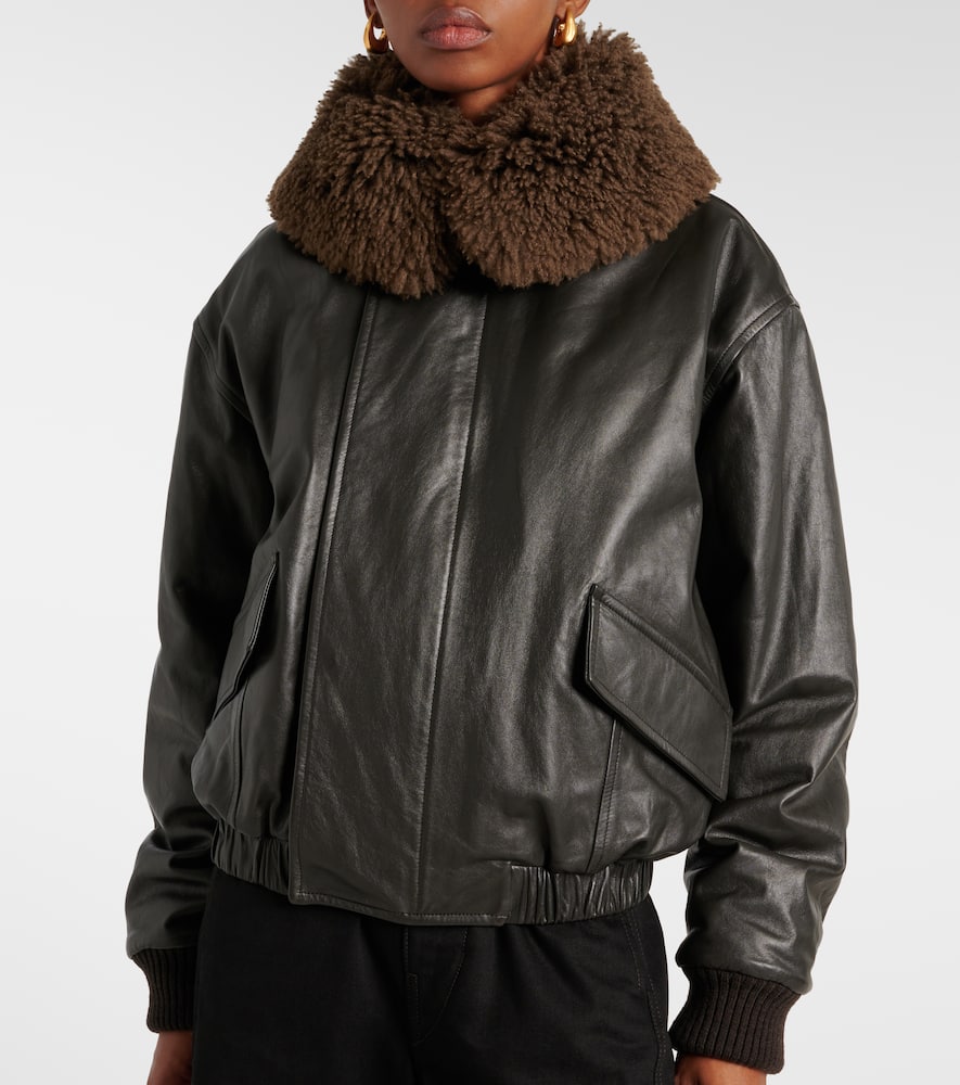 Lemaire Leather Blouson With Shearling Collar In Brown
