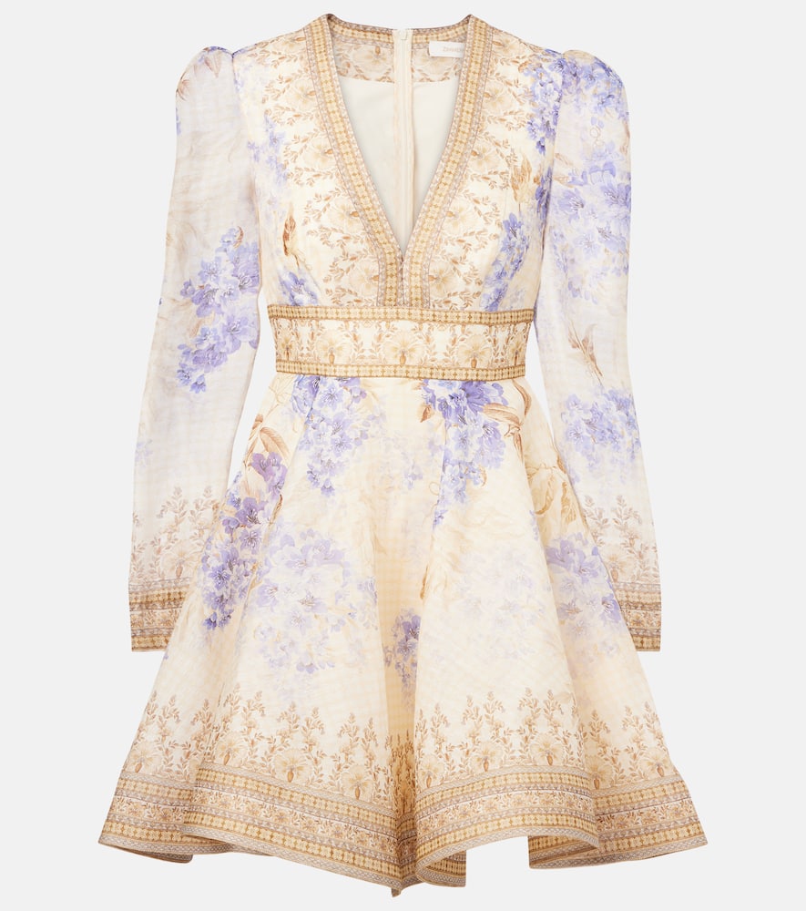 Zimmermann Dawning Plunge Printed Minidress In Beige
