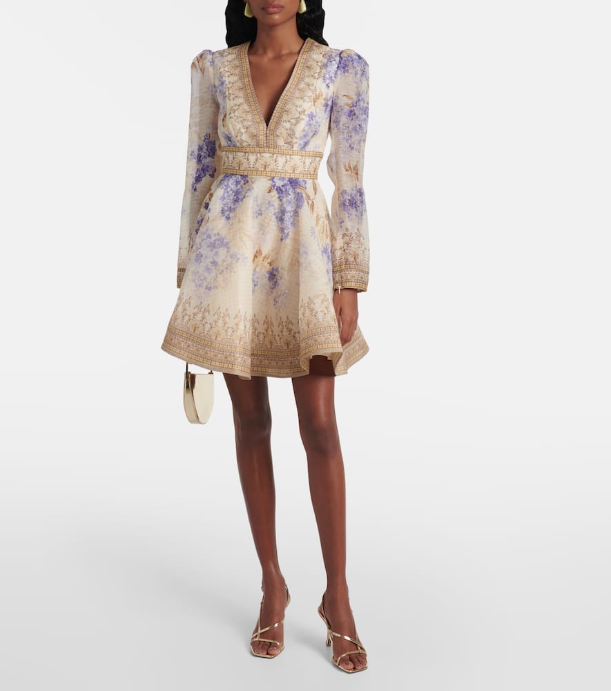 Zimmermann Dawning Plunge Printed Minidress In Beige