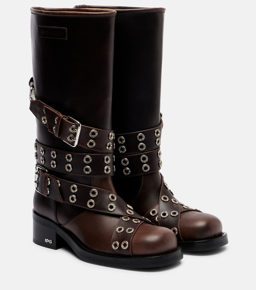 Mach&mach Buckle Belt Embellished Leather Biker Boots In Brown