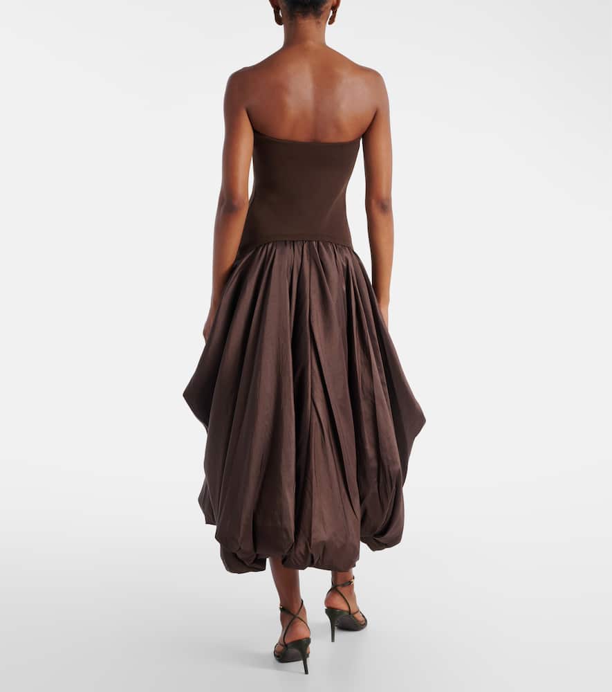 Simkhai Izzy Strapless Taffeta Midi Dress In Brown