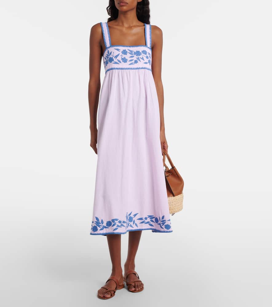 Juliet Dunn Embroidered Cotton And Linen Midi Dress In Blue