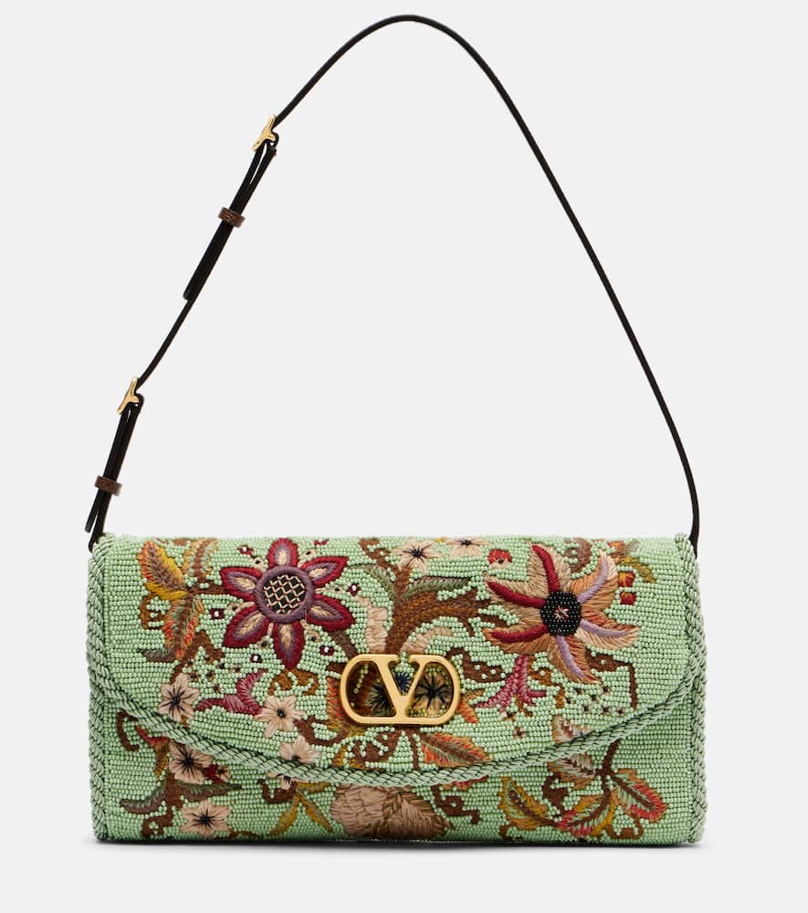 Valentino Garavani Devain Small Beaded Floral Shoulder Bag In Green