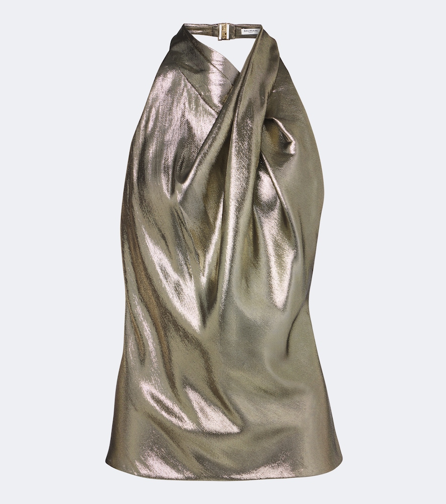 Balmain Draped Halterneck Silk-blend Top In Silver