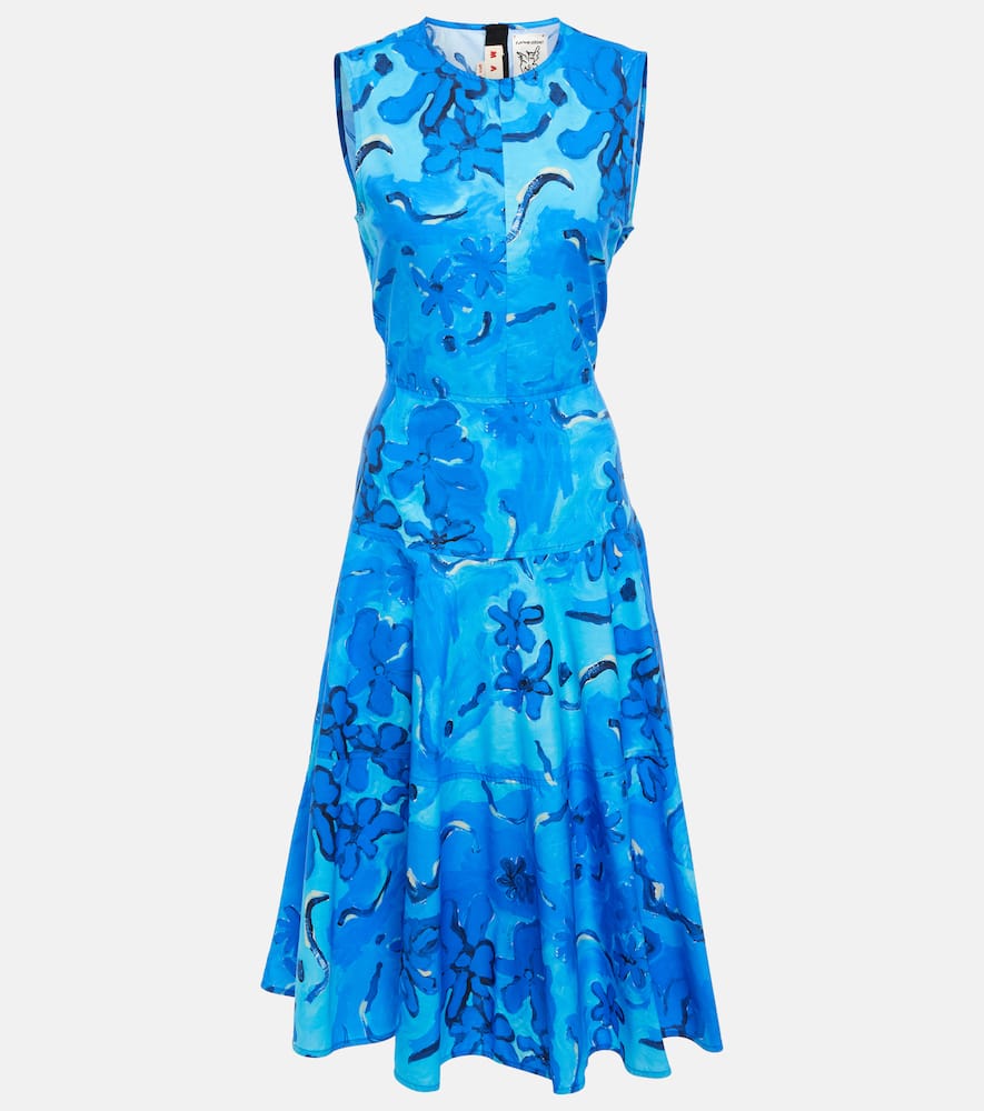 Shop Marni Printed Cotton Midi Dress In Azure