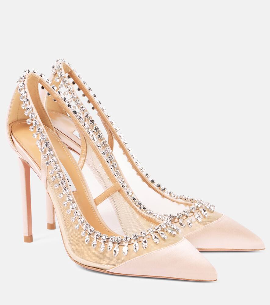 Shop Aquazzura Crystal Crush 105 Satin And Mesh Pumps In Pink