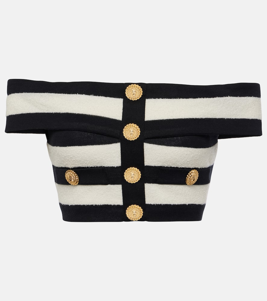 Balmain Striped Cotton Blend Off-shoulder Top In White