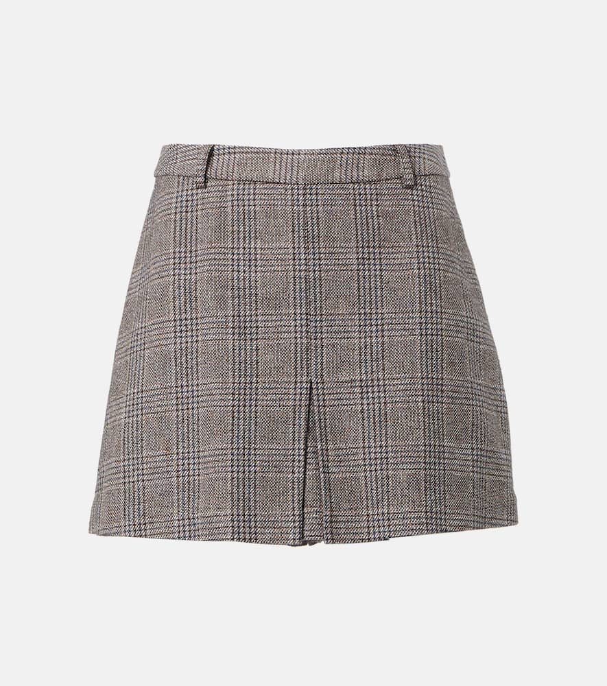 Self-portrait Checked Cotton And Linen Miniskirt In Braun