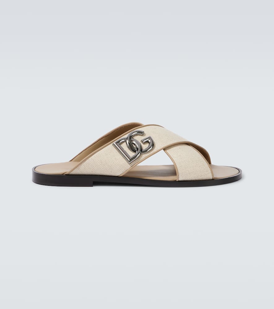 DG leather-trimmed canvas slides