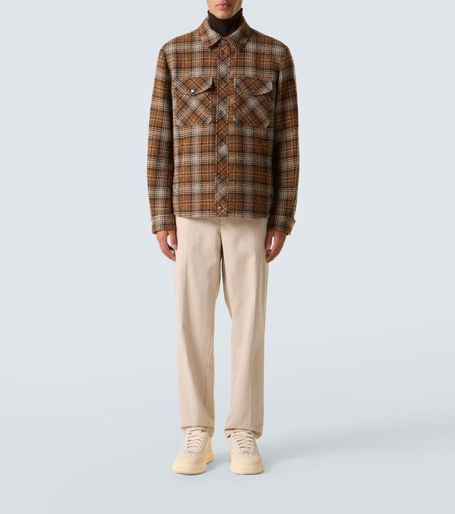 Moncler Checked Virgin Wool Overshirt In Brown