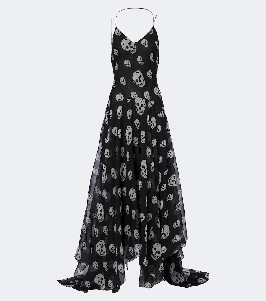 Alexander Mcqueen Maxikleid Skull Aus Seidenchiffon In Schwarz