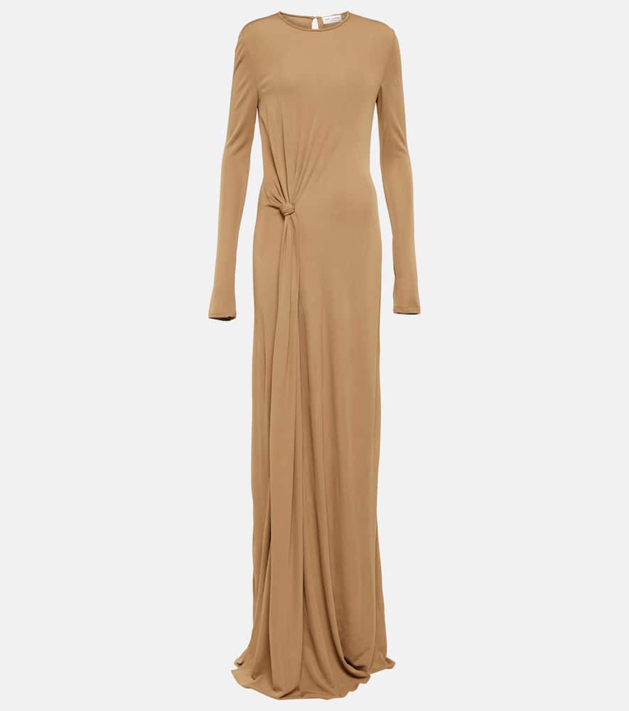 Saint Laurent Twist Front Long Sleeve Jersey Gown In Naturel