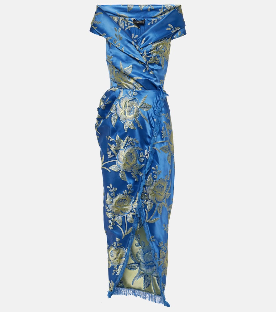 Etro Off-the-shoulder Fringed Floral-brocade Midi Wrap Dress In Blau