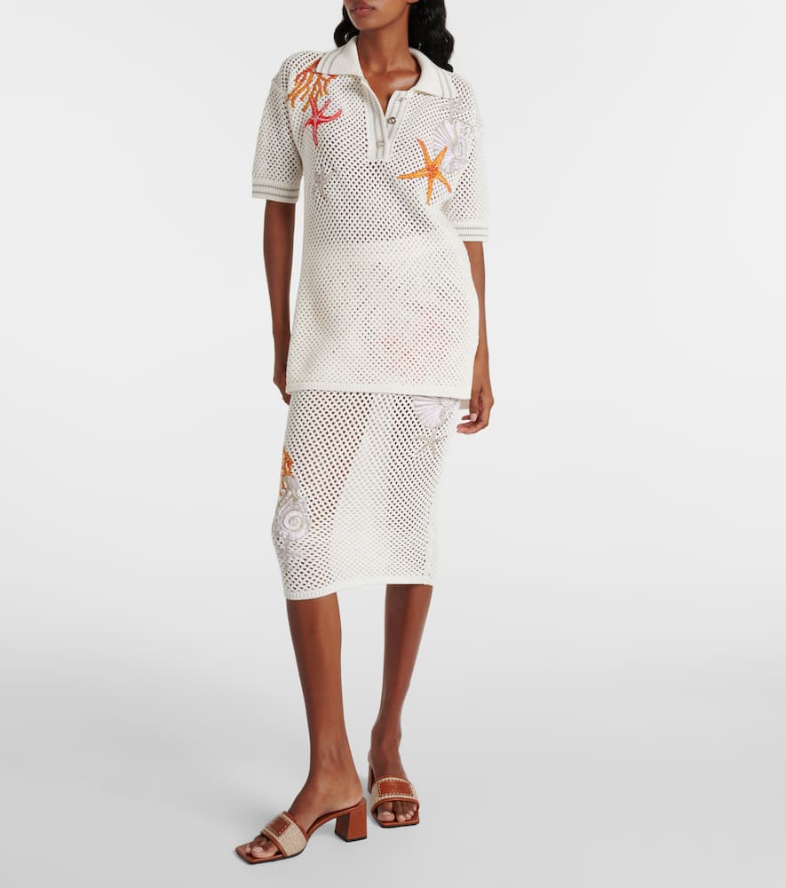 Versace Coral-embroidered Knit-cotton Polo Top In White
