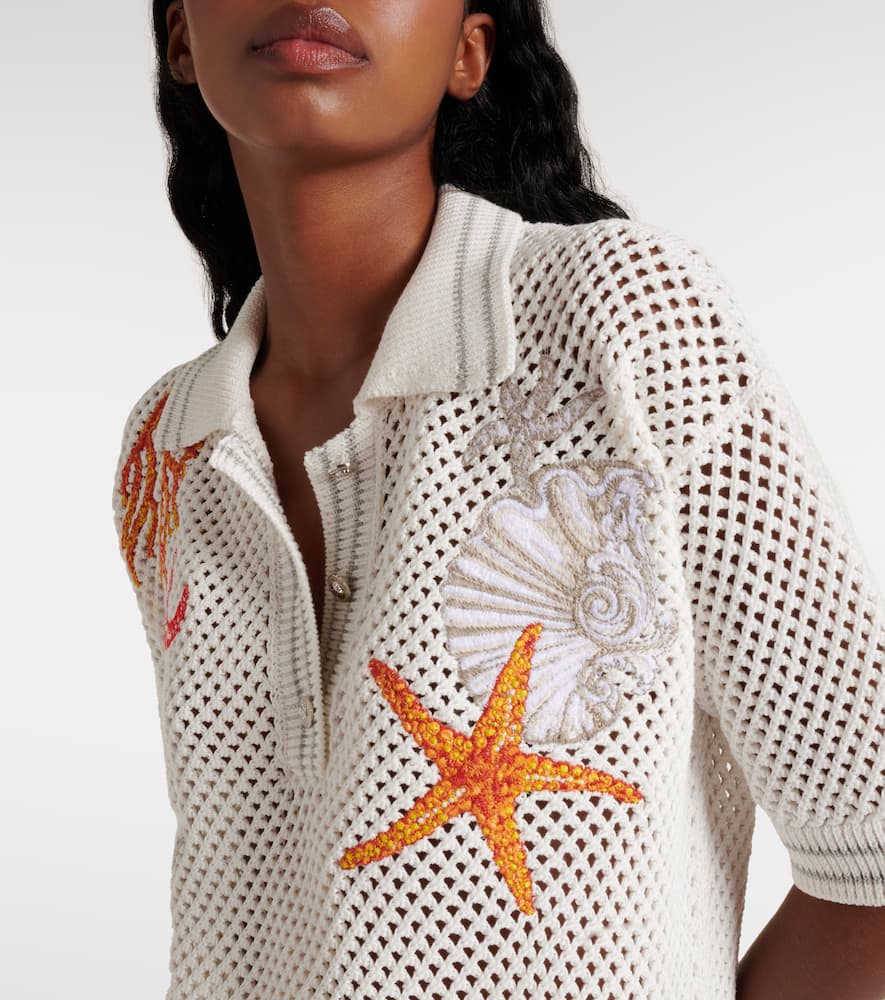 Versace Coral-embroidered Knit-cotton Polo Top In White