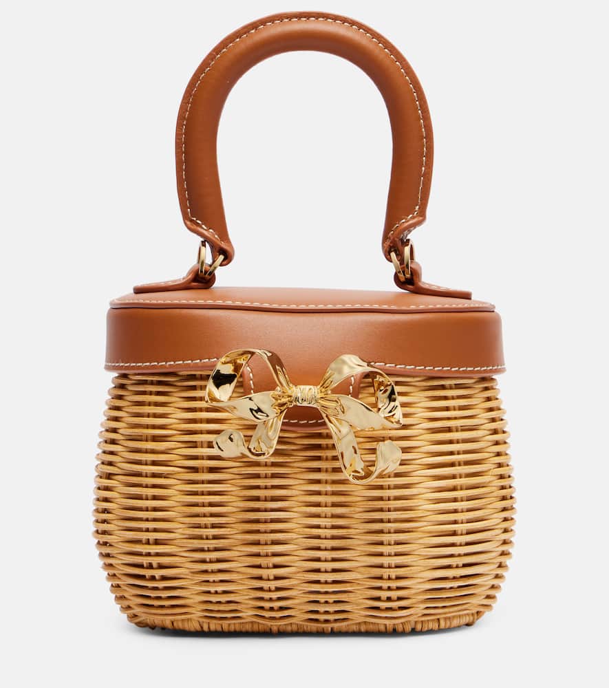 Bow leather-trimmed rattan basket bag