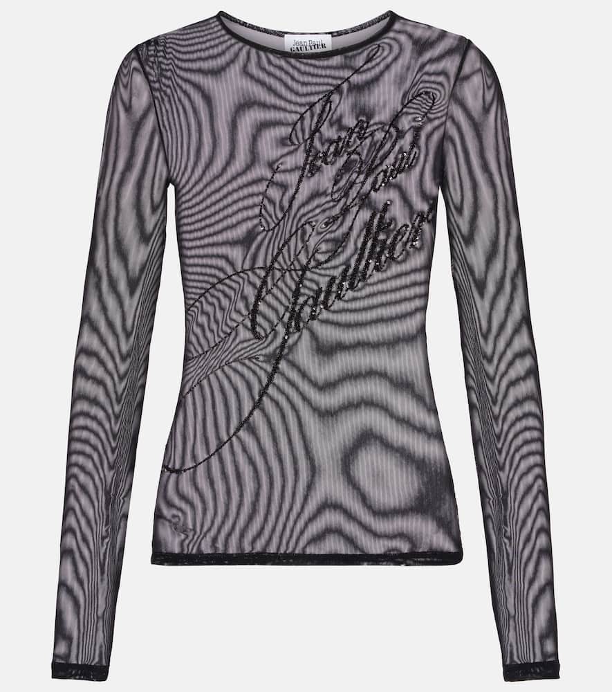 Jean Paul Gaultier Logo Sequined Tulle Top In Black