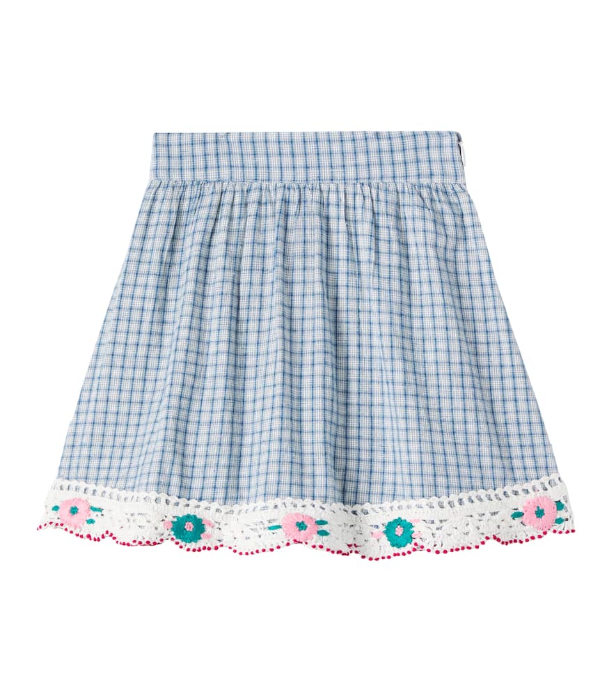 Bebe Organic Rhea Checked Embroidered Cotton-blend Skirt In Blue