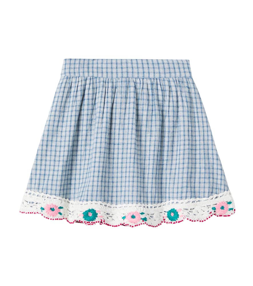 Bebe Organic Rhea Checked Embroidered Cotton-blend Skirt In Blue