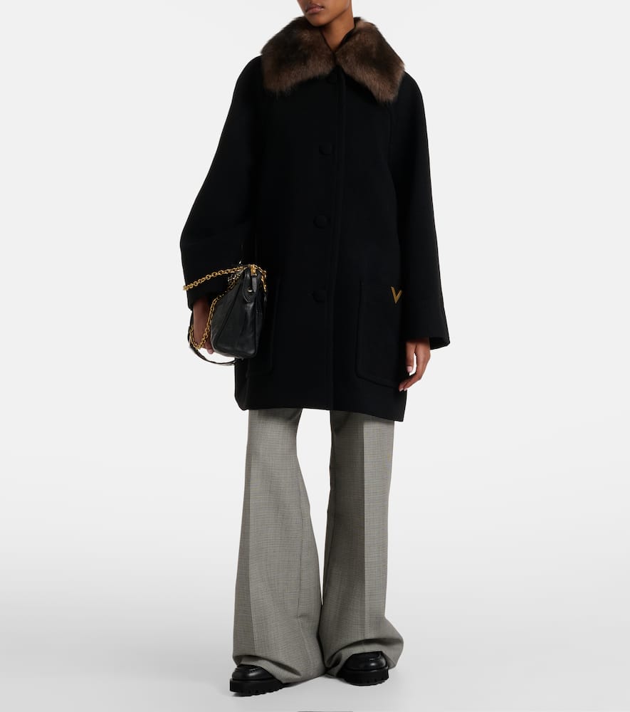 Valentino Shearling-trimmed Virgin Wool Coat In Black
