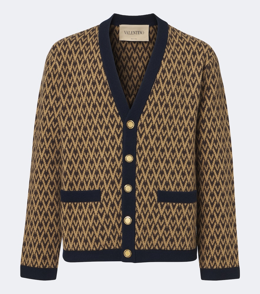 Valentino Toute La V Jacquard Virgin Wool Cardigan In Multi