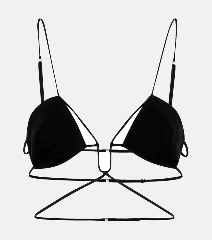 Tie-trimmed gabardine bra