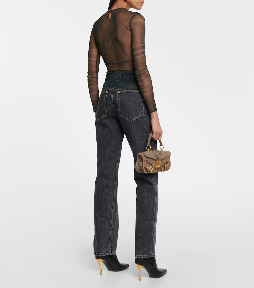 Balmain Trompe-l'ail Printed Tulle Top In Noir/beige